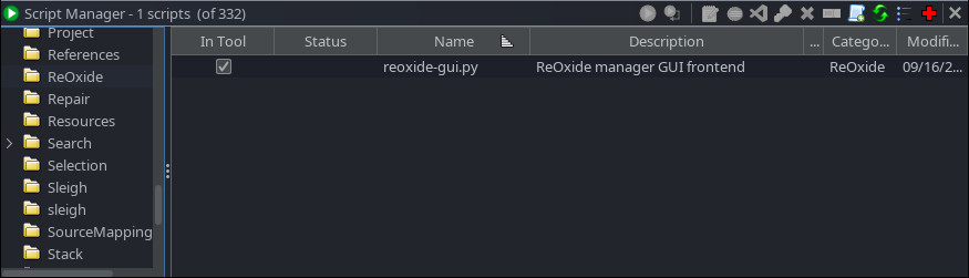 A screenshot of the script manager in Ghidra, showing the line
where the reoxide-gui.py script is located