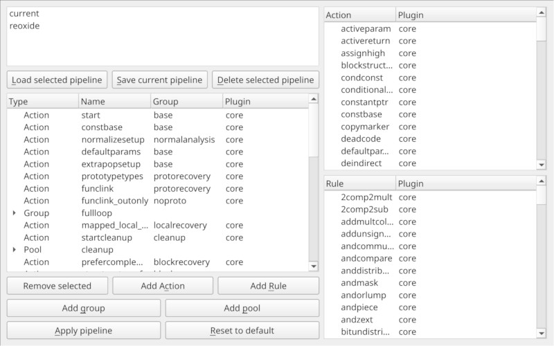 The image shows a user interface split into left and right. On the right there
it shows a list of actions and the plugins they belong to on top and the rules
and their plugins on the bottom. On the left it shows a list of available
pipelines on the top and the current pipeline on the bottom in a tree view